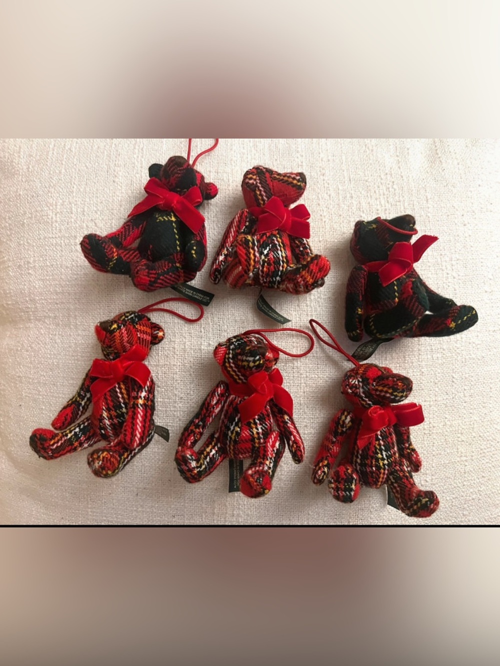 White Barn Candle Co Plush Plaid Bears Lot Of 6 3” Ornaments Christmas Y2K
